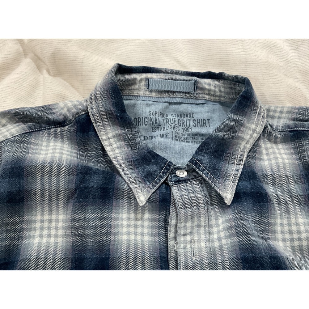 True Grit Mens Plaid Flannel Button Down Shirt Blue White XL Long Sleeve